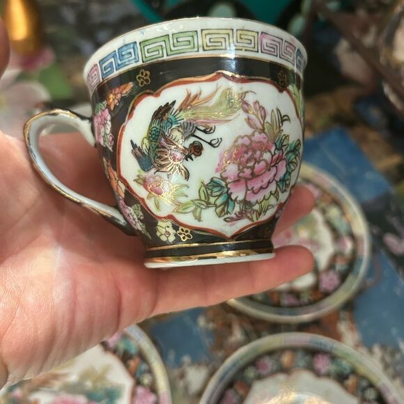 3 Asian Theme Floral and Birds Tea Cup and Saucer Sets Gold Trim - Picture 12 of 16